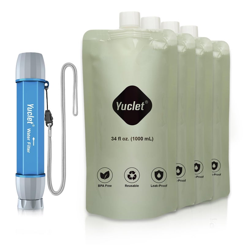 Yuclet Squeeze Water Filtration System with Four 34-Oz Squeezable Pouches and 0.1 Micron Filter Straw, Portable Water Purifier Survival for Backpacking, Camping, Hiking and Emergency Preparedness - Image 1